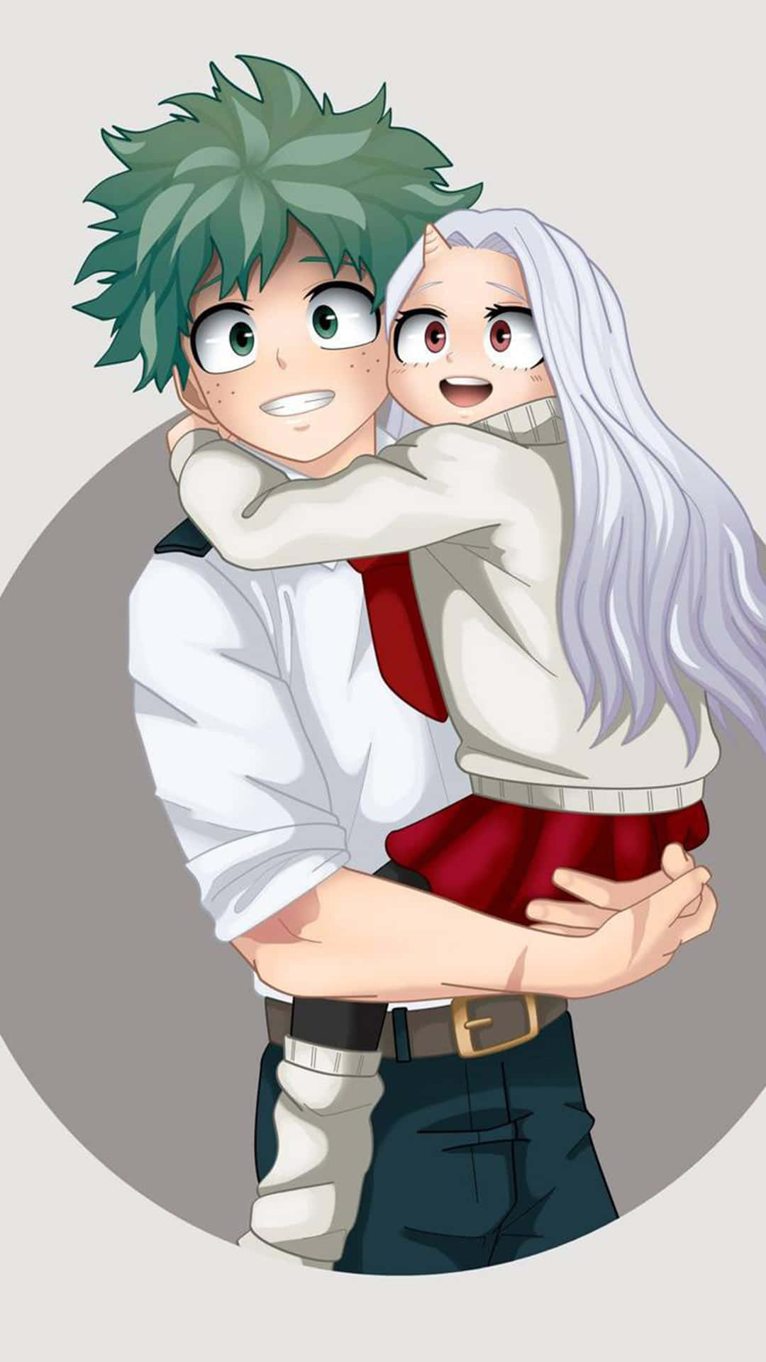 Deku準備拯救世界！ 壁紙 — 一對開心的動漫情侶在柔和的灰色圓形背景前溫暖擁抱，鮮綠色和白色的頭髮與紅色點綴形成對比。