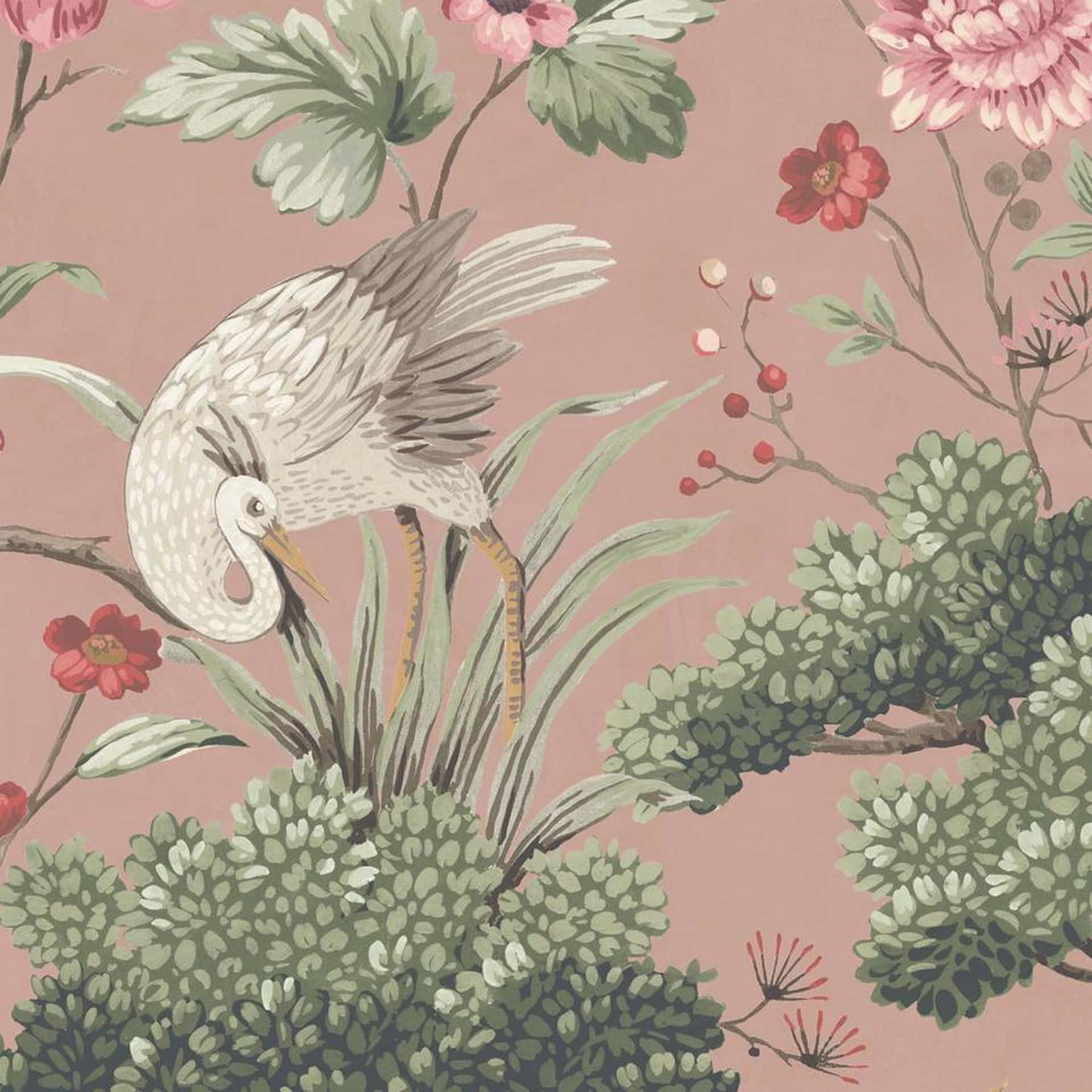 白鷺在綠色植物和彩色花朵之間，背景為紫灰色。 — 唯美蝴蝶動圖 壁紙