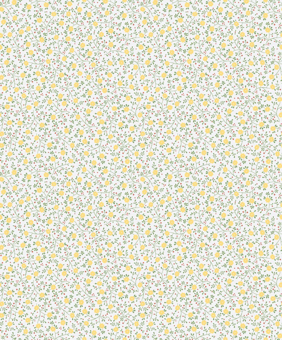 Yellow Pattern 桌布 壁紙 — 柔和奶油色背景上，細小黃花、綠色藤蔓和紅色漿果的精緻重複圖案。