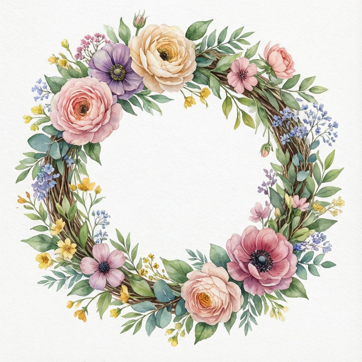Happy Birthday Flowers 桌布 壁紙 — 一個精緻的水彩花環，帶有粉紅色、紫色和黃色的花朵以及綠色葉子，背景為白色。