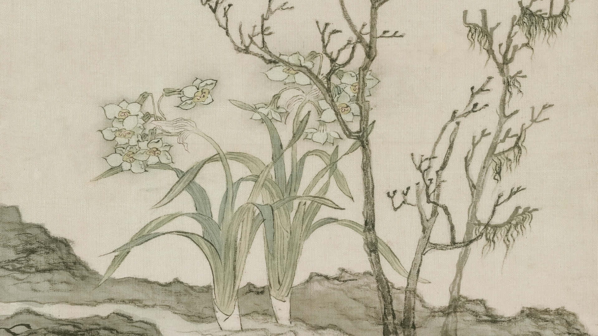  壁紙 — 精緻的白色蘭花在帶有墨跡筆觸的紋理紙背景上，於光禿樹枝旁盛開。