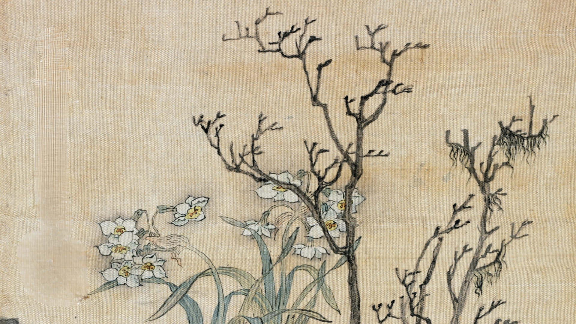  壁紙 — 精緻的白色睡蓮在質感米色紙上，以傳統水墨風格，在光禿的冬季樹枝旁盛開。