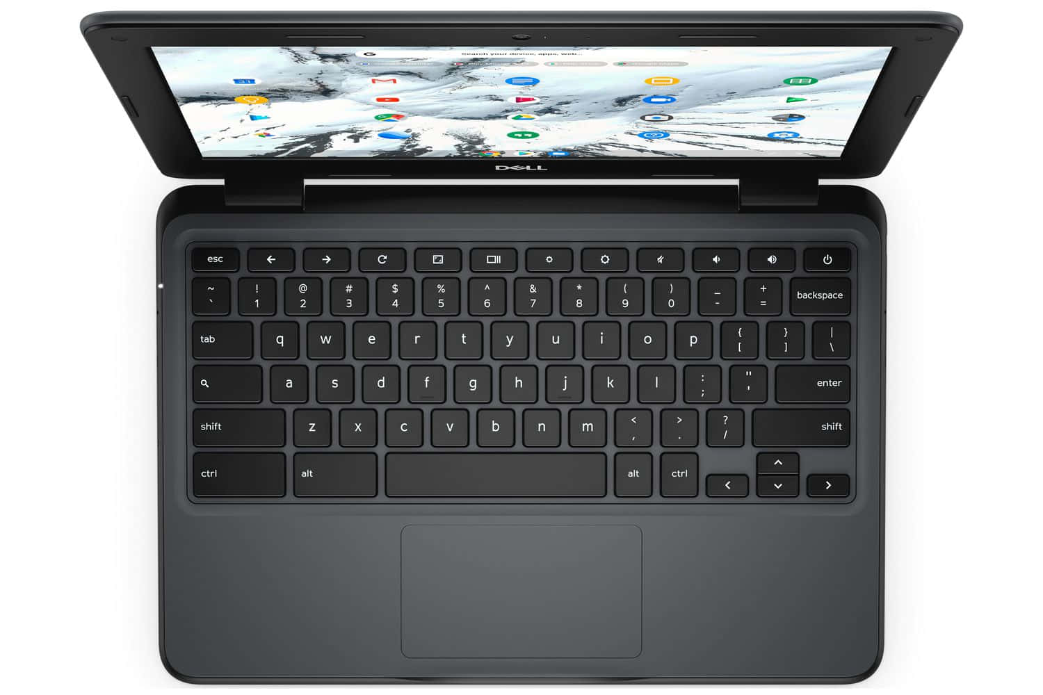 體驗 Dell 科技的強大效能 壁紙 — 一部黑色Dell Chromebook打開在白色背景上，屏幕上顯示雪山壁紙。
