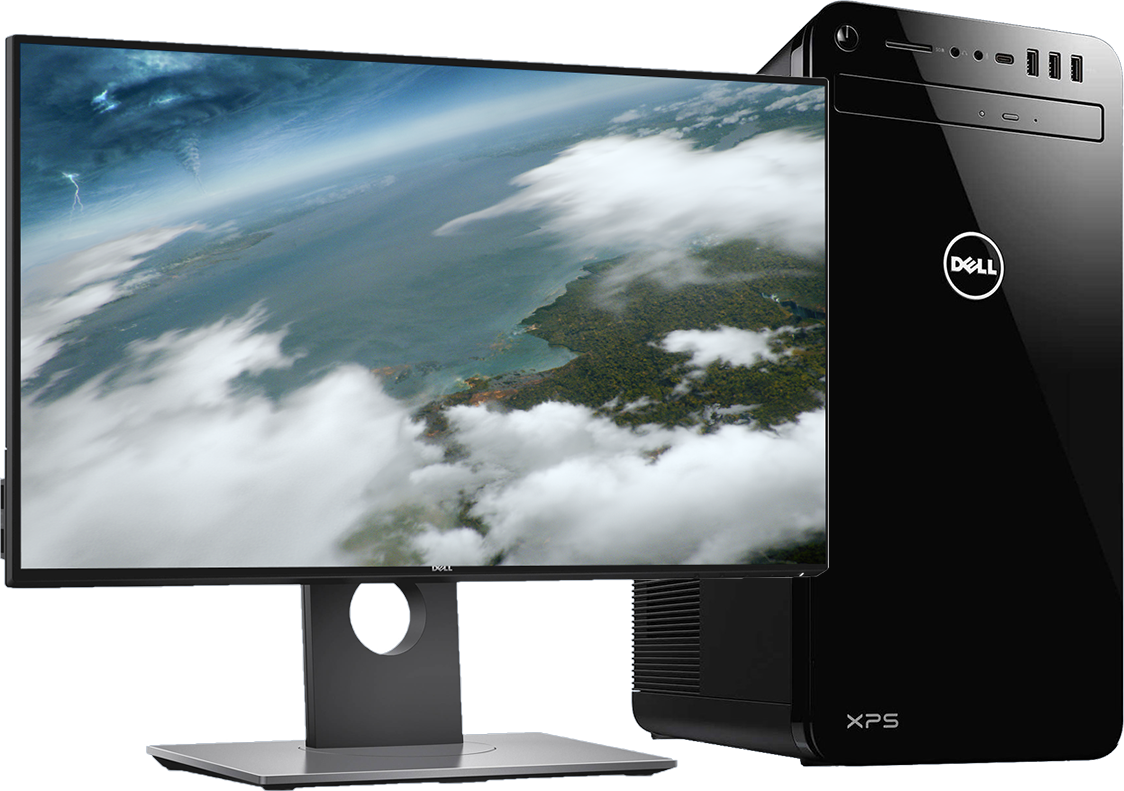 Dell XPS 桌面與顯示器設置 壁紙 — 一部時尚的黑色 Dell XPS 桌面電腦連顯示器，顯示雲層和海岸線的戲劇性鳥瞰圖。