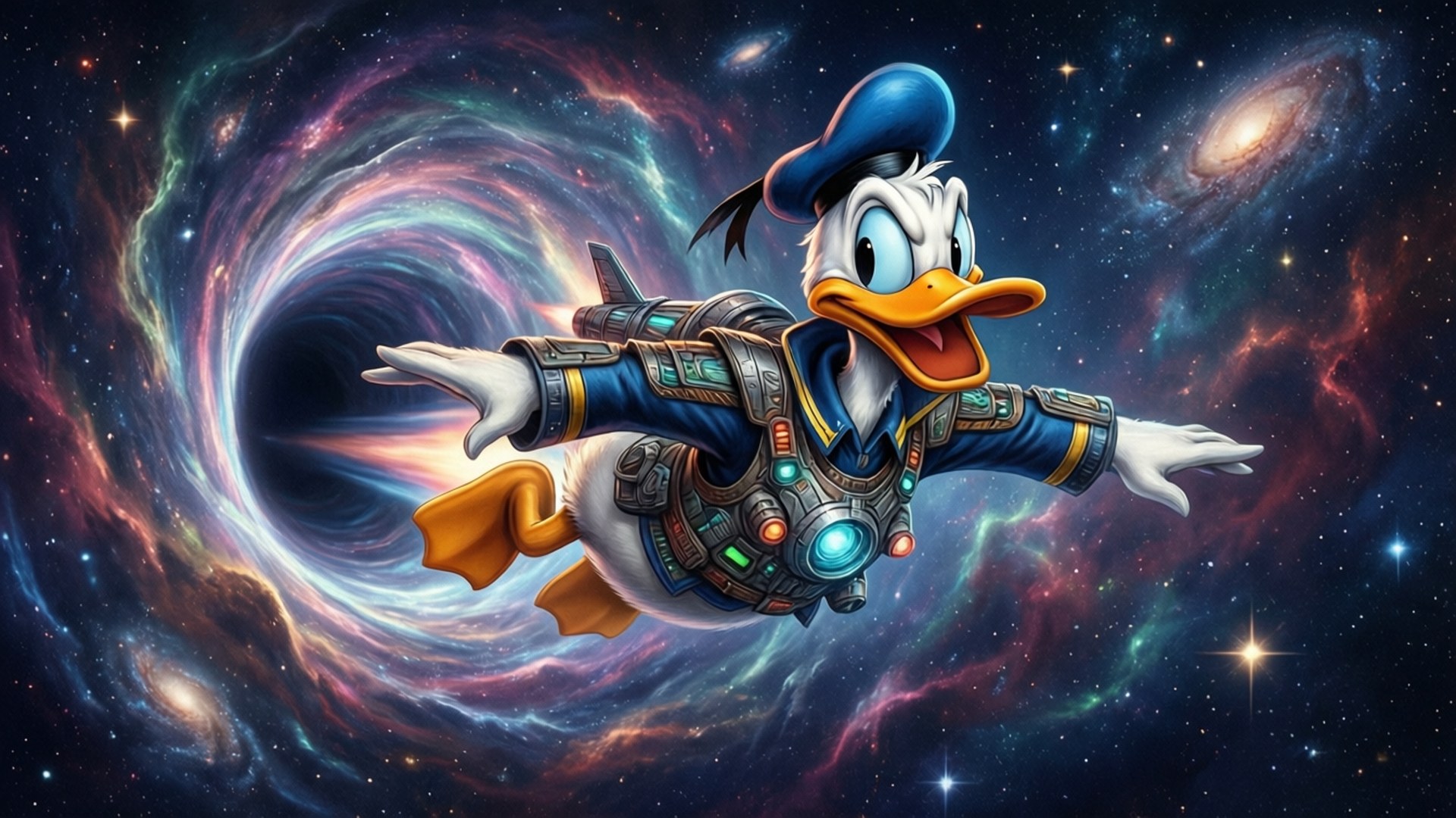 唐老鴨穿著太空衣飛過充滿星系和星星的鮮豔宇宙星雲