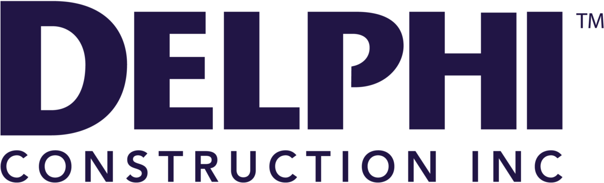 Delphi建築公司標誌 壁紙 — 在黑色背景上以紫色粗體顯示的Delphi Construction Inc標誌，搭配簡潔現代字體。