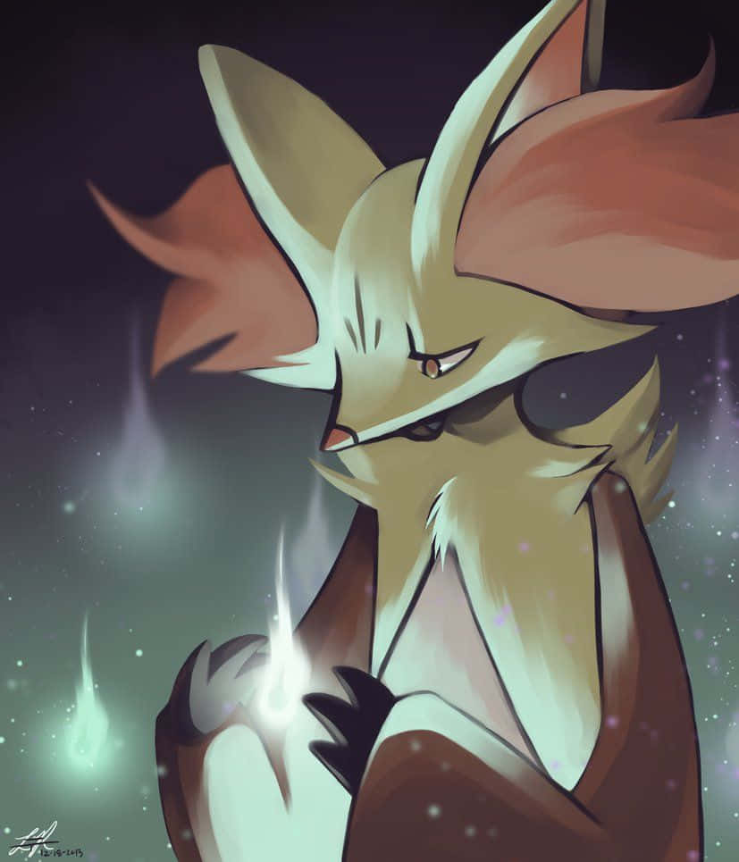 Delphox 於戰鬥中施放 Psybeam 壁紙 — 一個像狐狸的動漫生物，發光的手和星空背景，嚴肅地向下看。