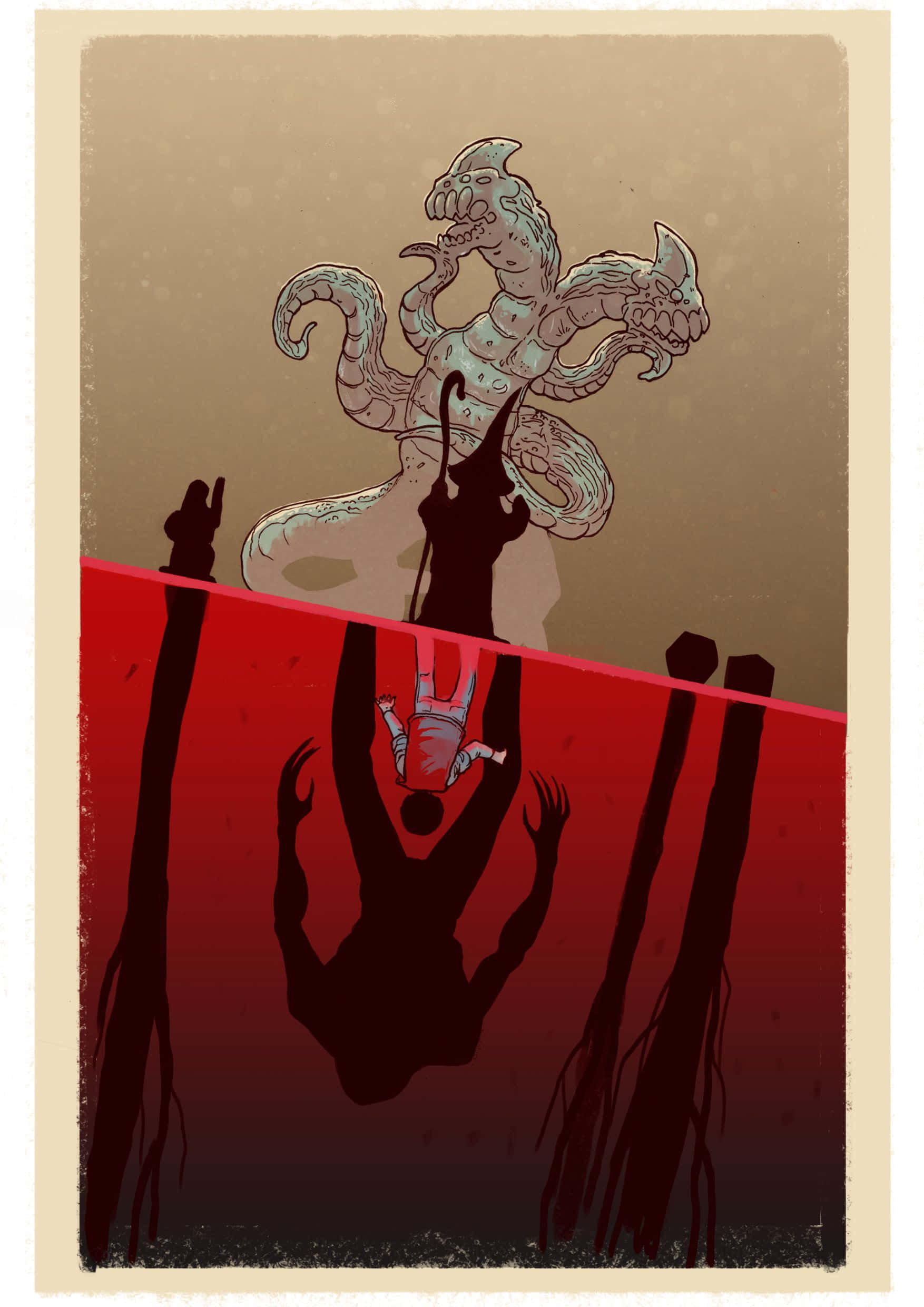 《怪奇物語》Demogorgon 粉絲同人小說 壁紙 — 一條多頭巨蛇籠罩著一個分裂的場景，一個人物倒掛在紅色深淵中，而剪影般的手向上伸展。