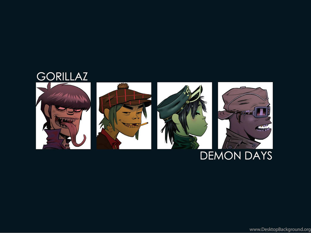 《Demon Days》專輯封面：Gorillaz 的末世風景 壁紙 — 四個來自 Gorillaz 專輯《Demon Days》的風格化卡通樂隊成員在深色背景上展示。