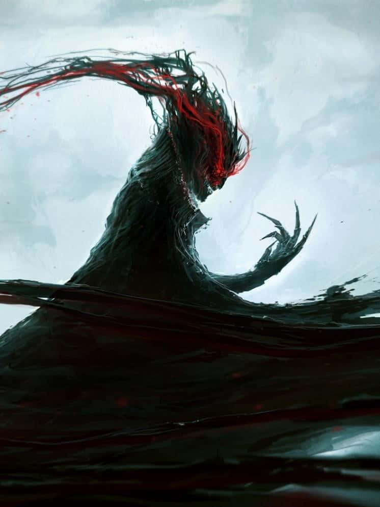 Demon iPhone：以先進硬體與頂級軟體，開啟最佳遊戲體驗。 壁紙 — 一個黑暗、威脅性的生物，帶有流動的黑色和紅色觸手，從暴風雨的灰色天空中出現，爪子以威脅的姿勢伸出。