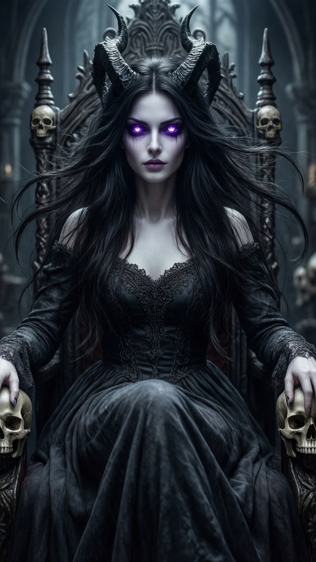 一位擁有發光紫色眼睛和角的惡魔女王，坐在哥德式大教堂中一個裝飾著頭骨的寶座上。
