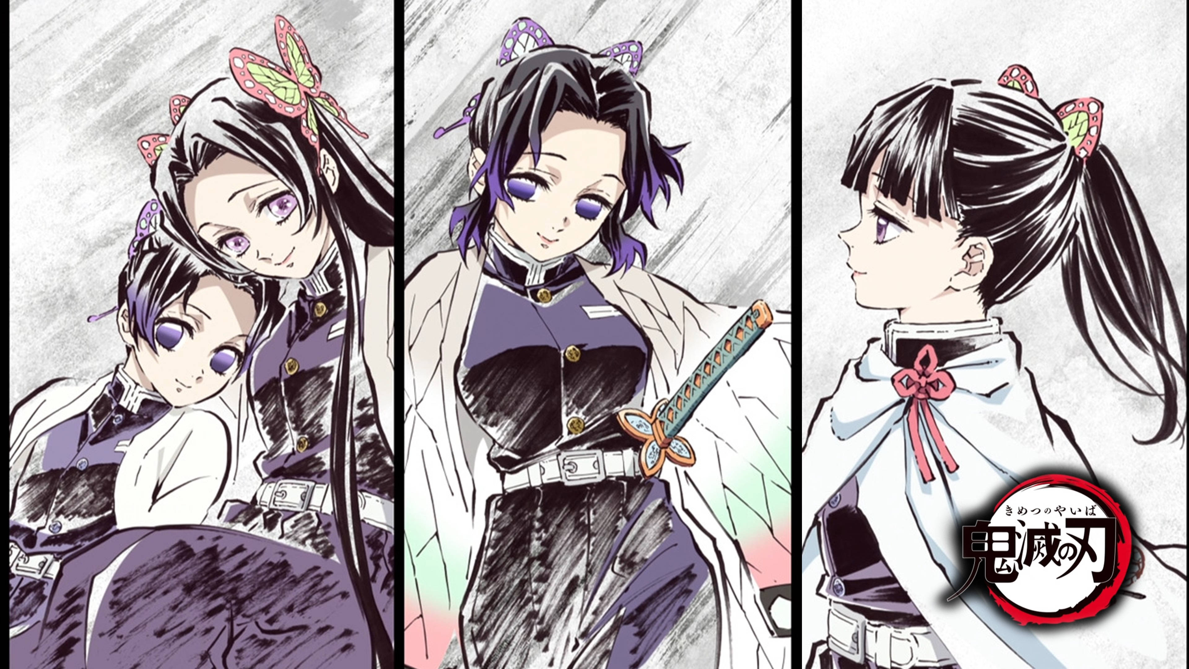 Demon Slayer 4K Pretty Girls 壁紙 — 三位動畫少女穿著和風制服，戴著蝴蝶髮夾，手持劍，以單色素描風格呈現，帶有柔和色彩點綴。