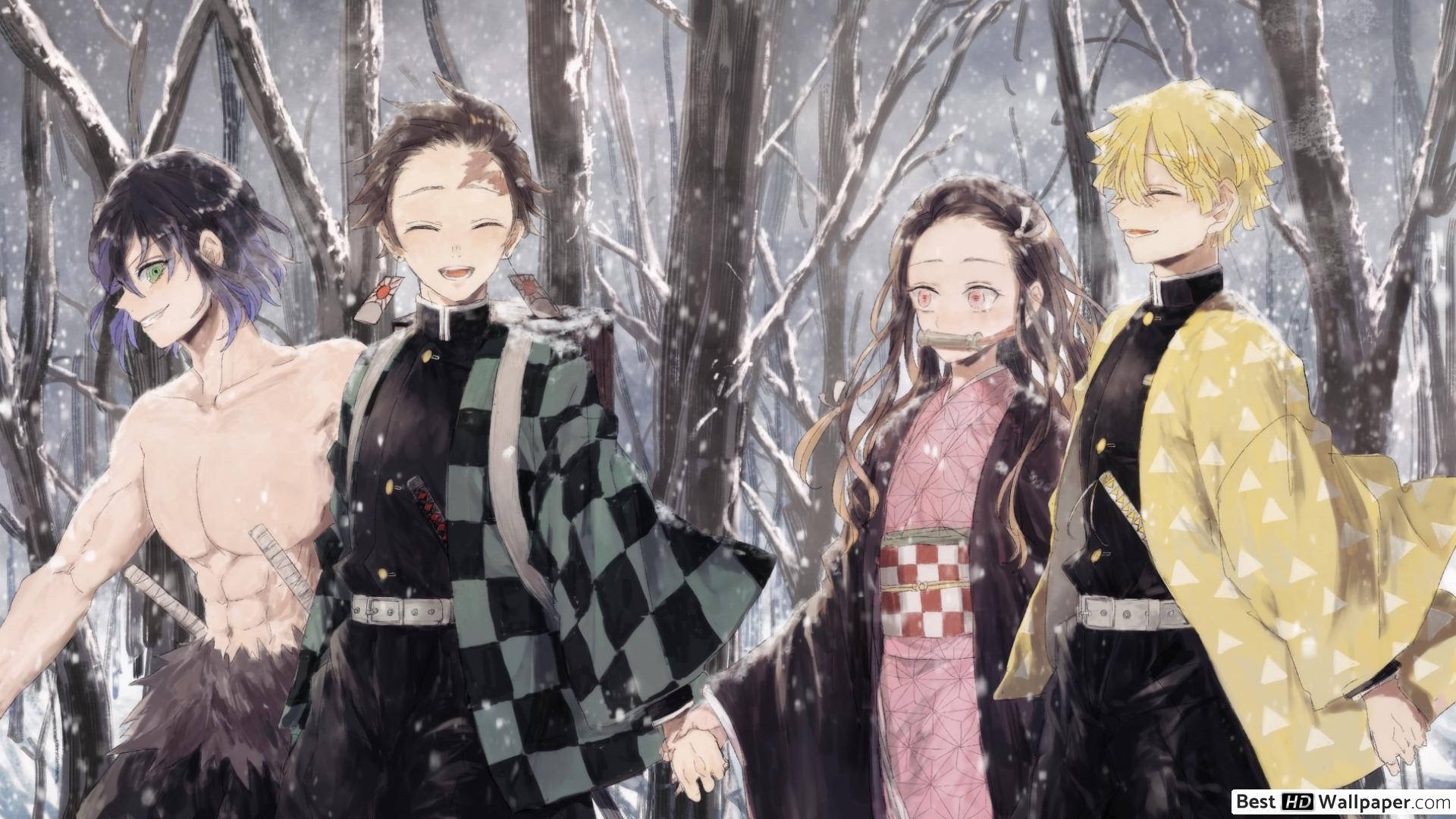 鬼滅之刃壁紙：灶門炭治郎與同伴穿行雪林