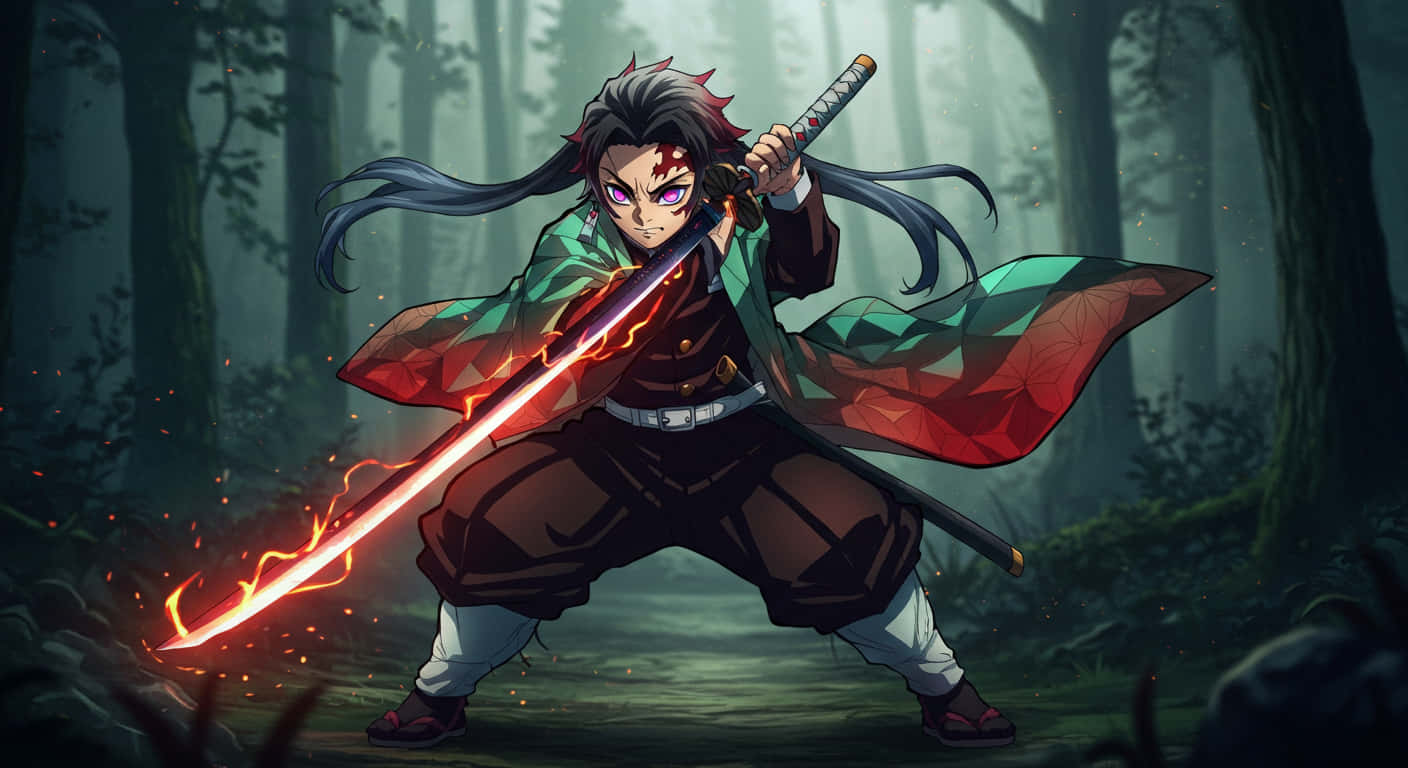 動漫武士戰士手持發光劍站在迷霧森林中