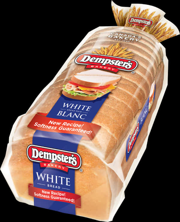 Dempster's 白麵包包裝 壁紙 — 一條Dempster's白麵包，透明包裝，帶有小麥圖案和三文治圖形，黑色背景。