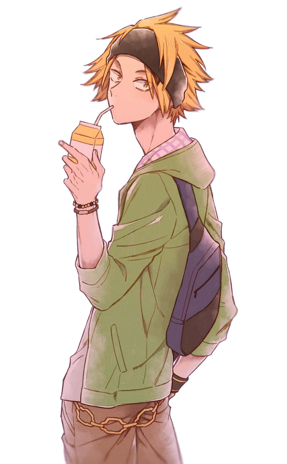Denki Kaminari 最簡風格動漫壁紙 壁紙 — 一個年輕的動漫男孩，金色刺蝟頭，穿著綠色連帽衫和背包，正在喝果汁盒。