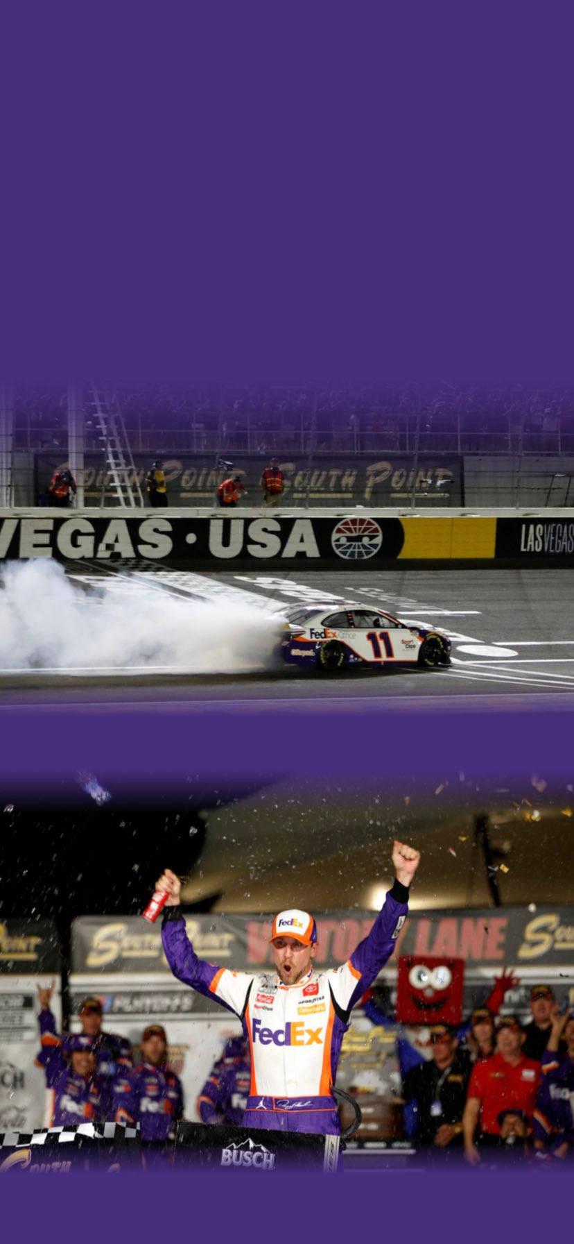 賽車手在拉斯維加斯賽車場的夜間燈光下高舉雙臂慶祝勝利。