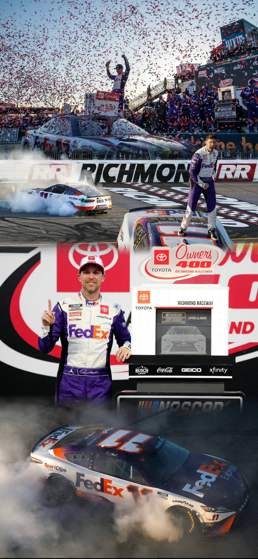 NASCAR車手用彩紙和賽車冒出的煙霧慶祝比賽勝利。