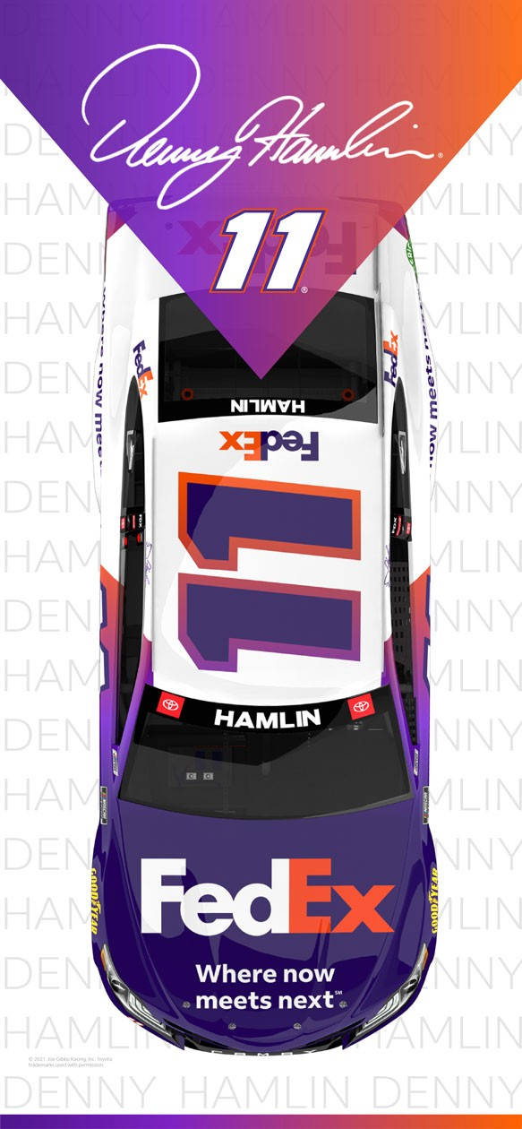 Denny Hamlin's FedEx NASCAR race car viewed from above.