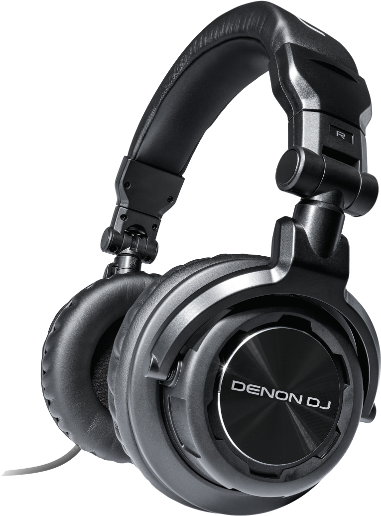 Denon專業DJ耳機 壁紙 — 專業黑色Denon DJ耳機，帶金屬裝飾和厚軟墊耳罩，純白背景。