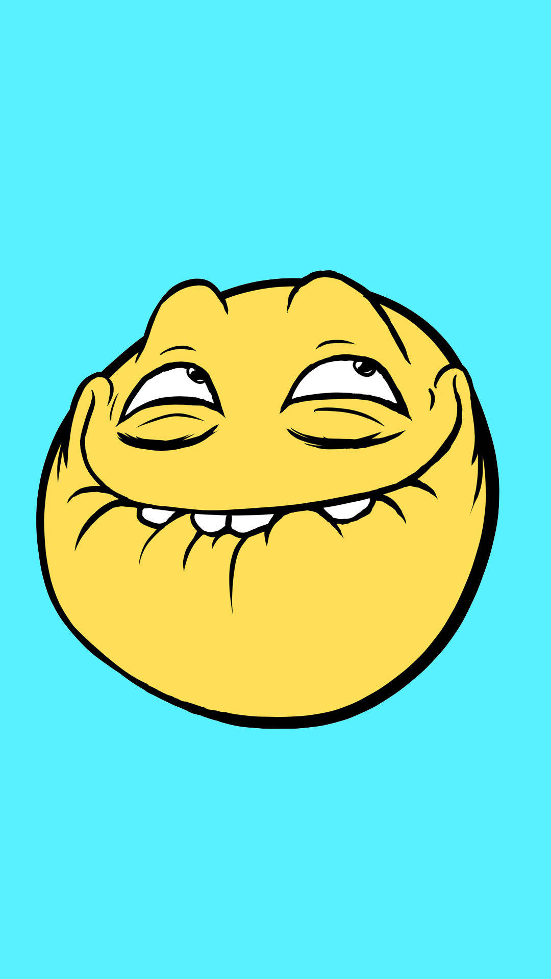 Derp 表情符號搞笑臉 壁紙 — 一個卡通風格的黃色笑臉，帶著得意的笑容和瞇起的眼睛，背景是明亮的青色。