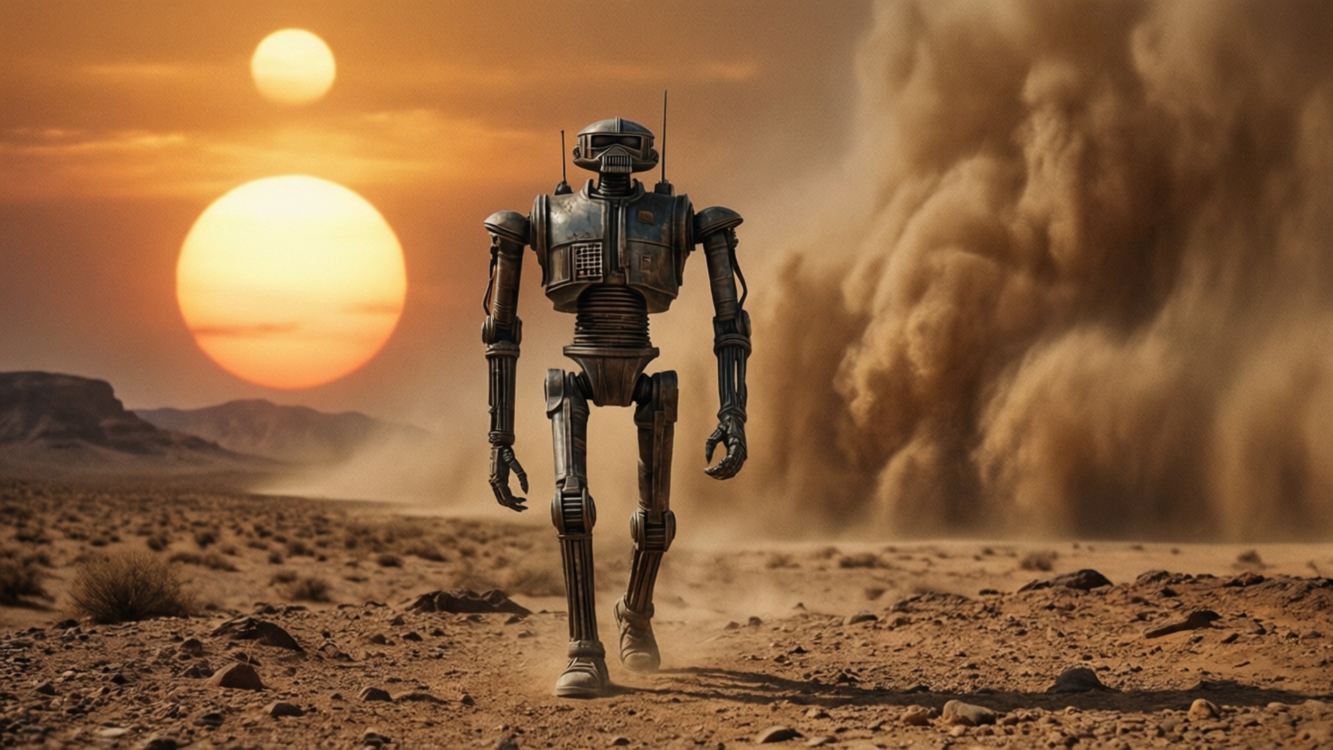 A robot walks alone in a desert as a sandstorm rises under a double sun. 壁紙