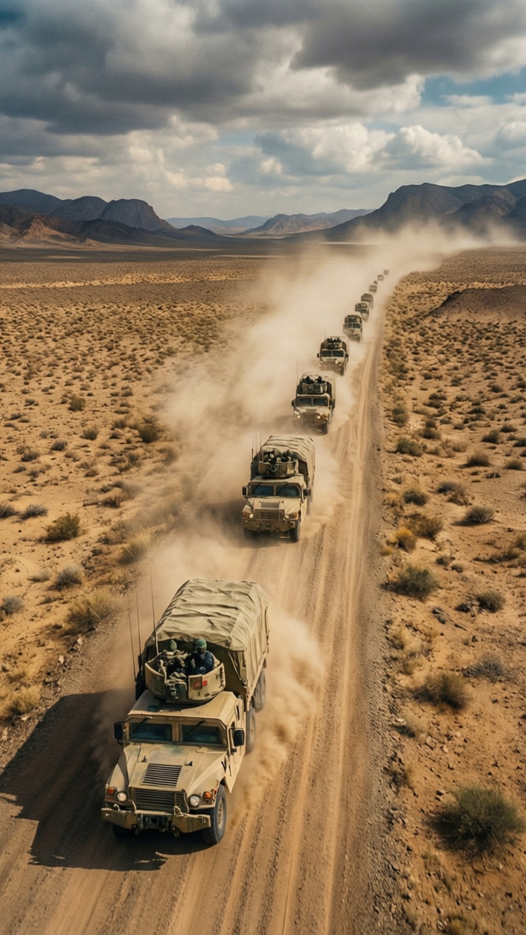 軍用卡車車隊在沙漠地形中行駛揚起灰塵
