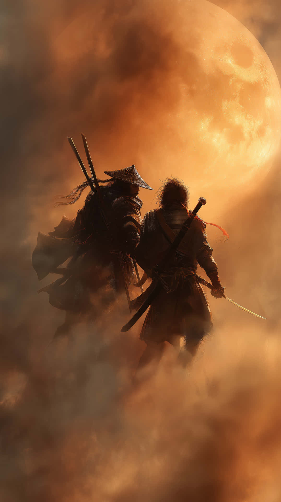 兩名武士戰士在巨大的發光月亮下穿過迷霧行走