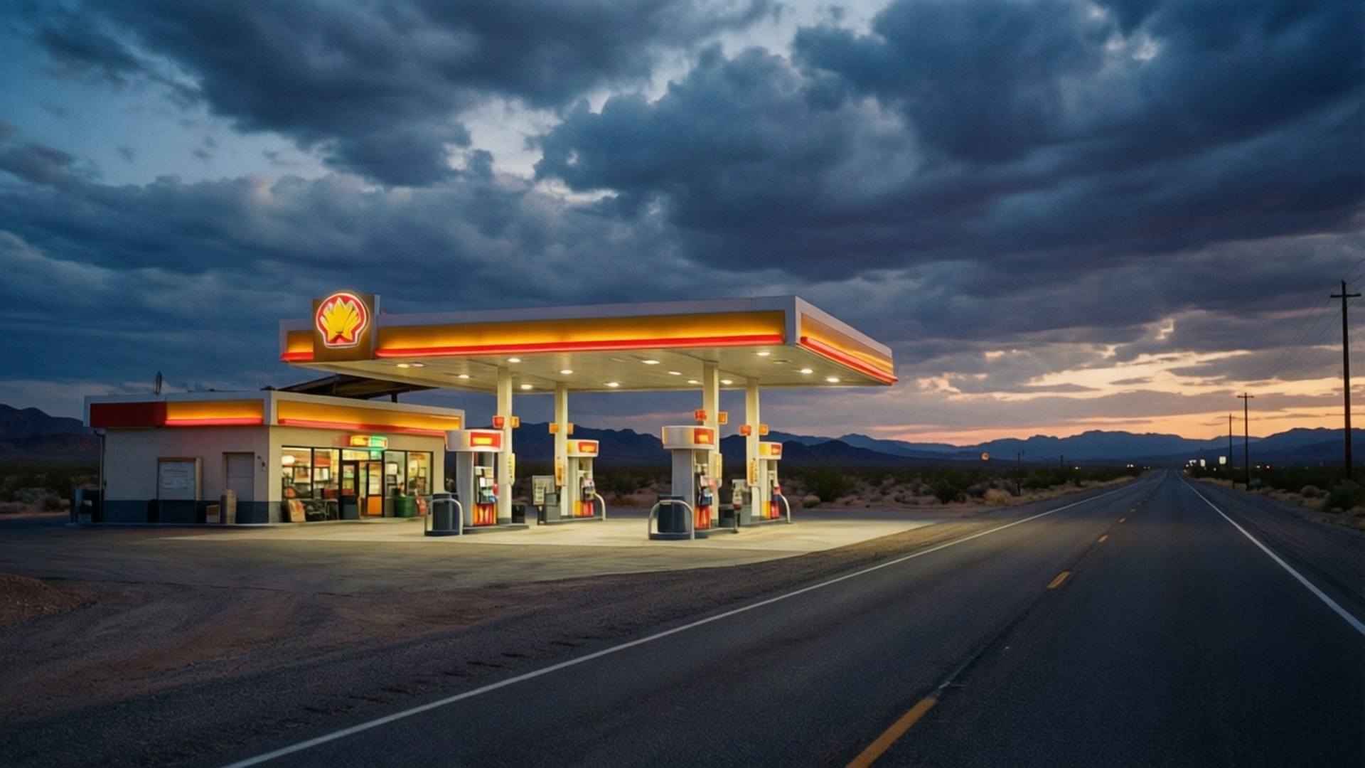 Desert Dusk Gas Station 壁紙 — 一間Shell加油站喺戲劇性嘅黃昏天空下，帶住黑雲同遠處山脈，溫暖咁發光。