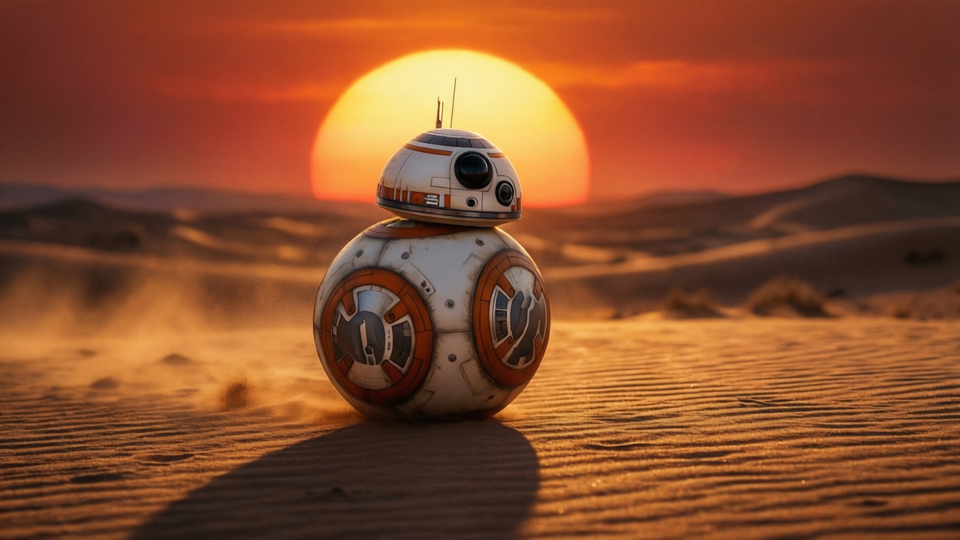 沙漠夕陽下的BB-8機械人，橙色太陽在沙丘後面