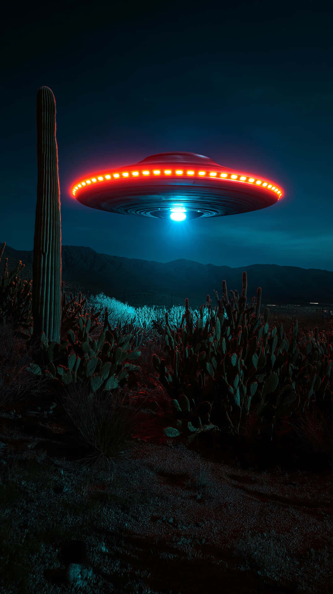 夜間，一個發光的UFO盤旋在一個有仙人掌和山脈的沙漠上方。