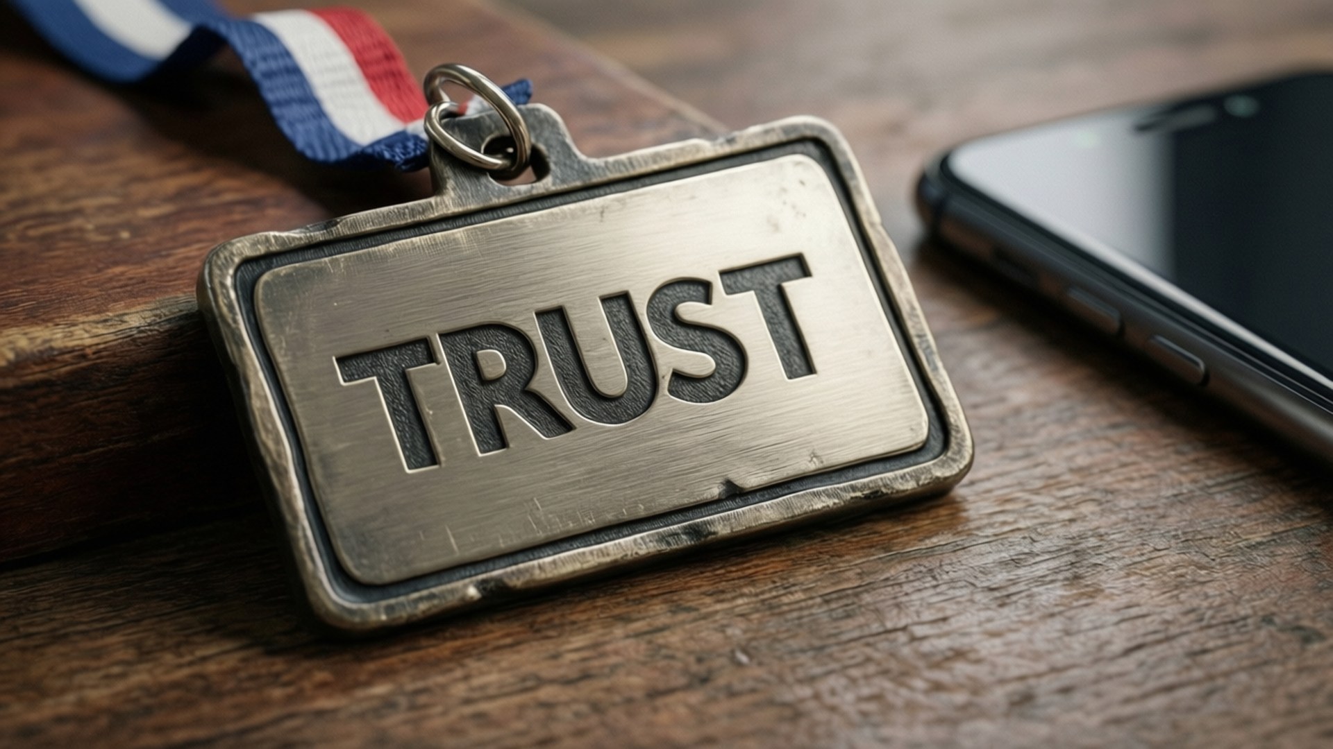 一枚金屬獎牌刻有「trust」字樣，放在智能手機和絲帶旁邊的木頭上。