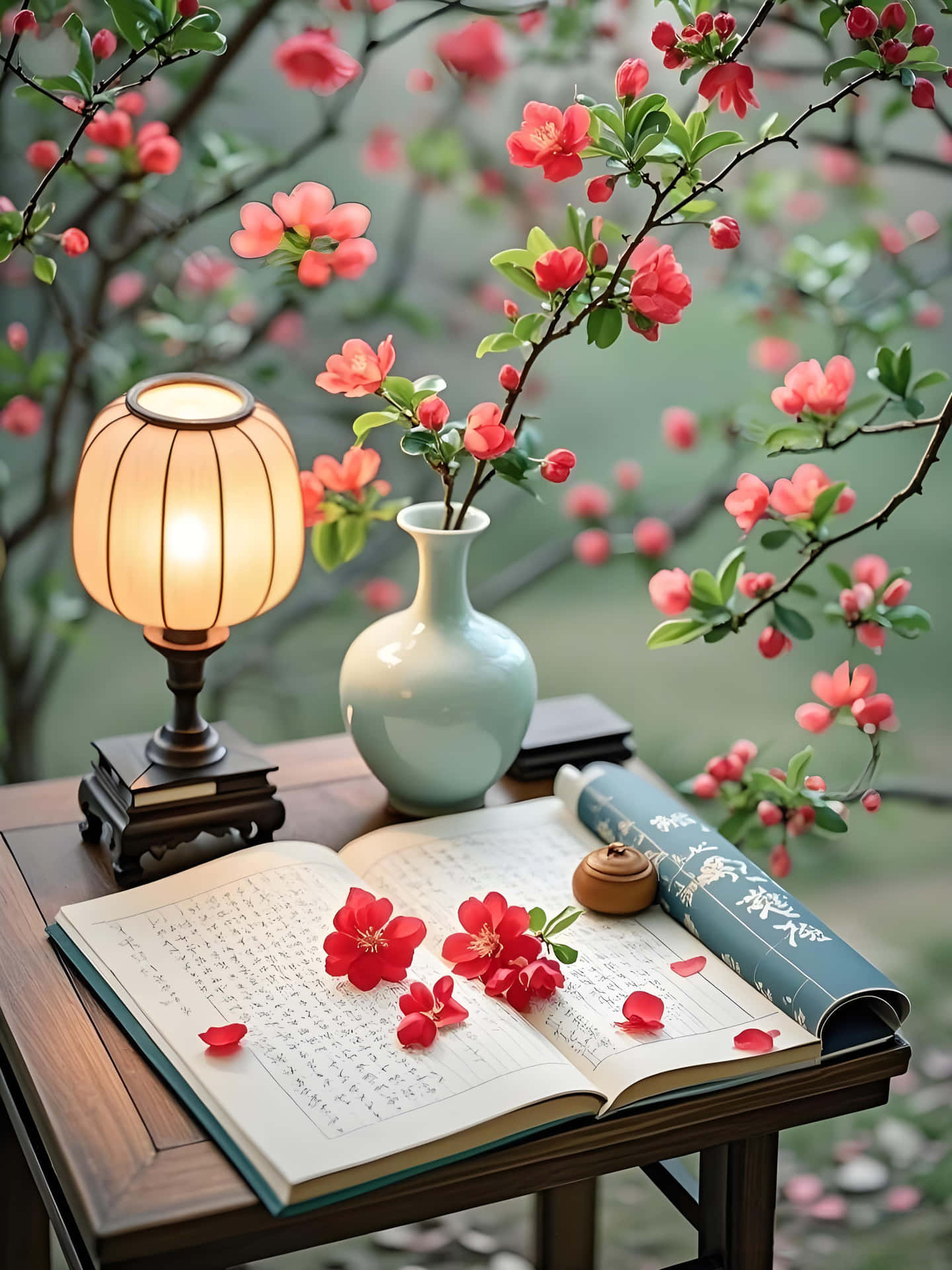 打開的書本，書頁上有紅色花朵，旁邊有發光燈籠和粉紅色花瓶，放在木桌上。