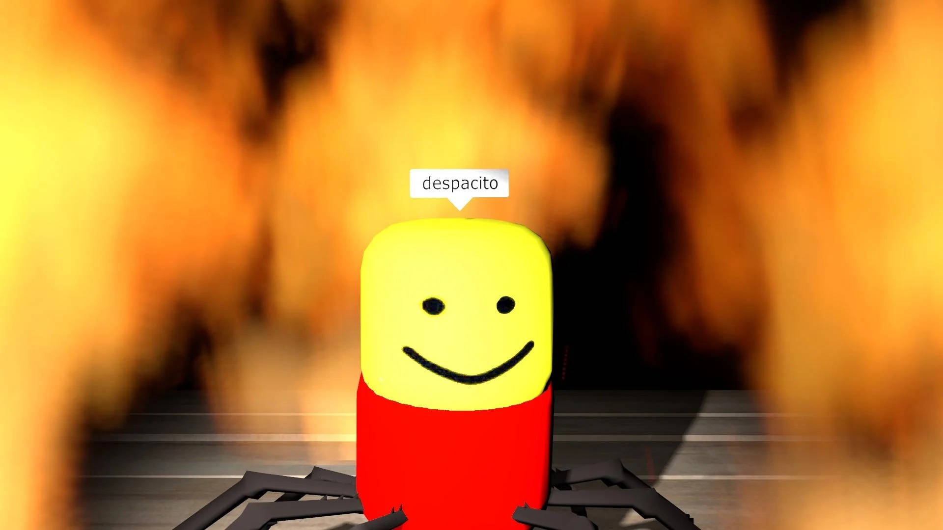 Despacito 蜘蛛搞笑迷因 壁紙 — 一個開心的黃色方塊角色，紅色身軀和蜘蛛腿，站在火熱的橙色背景前，對話框寫著despacito。