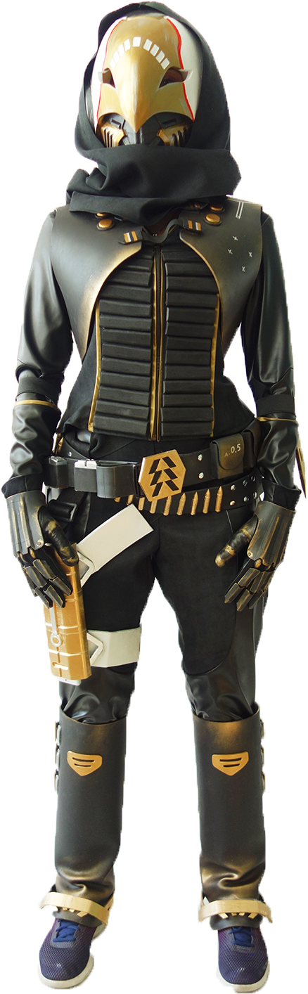 Destiny 2 獵人戰士角色扮演 壁紙 — 一位角色扮演者穿著精細的黑色和金色裝甲服，戴著頭盔和手套，全身站立在純色背景前。