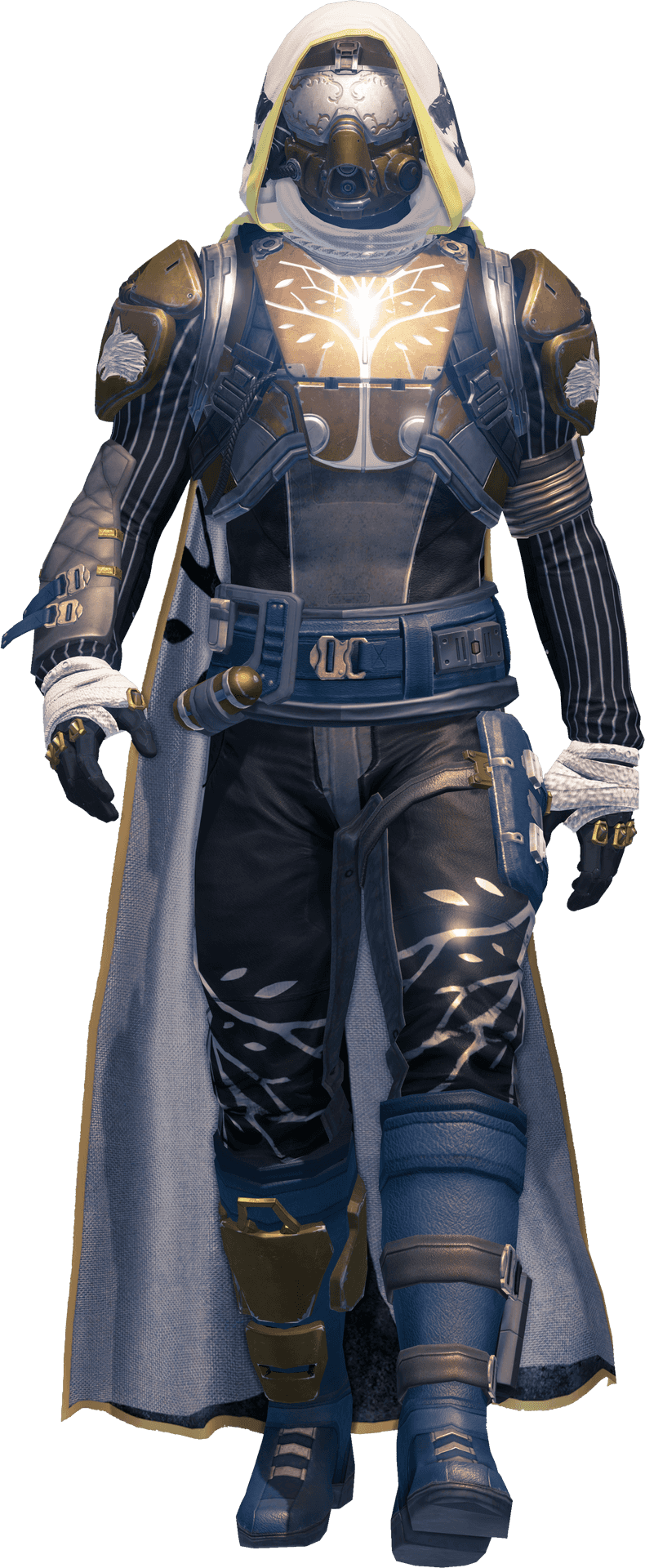 《Destiny 2》護衛裝甲角色 壁紙 — 一個身穿藍金裝備、胸前徽章發光的未來裝甲戰士，在黑色背景前蓄勢待發。