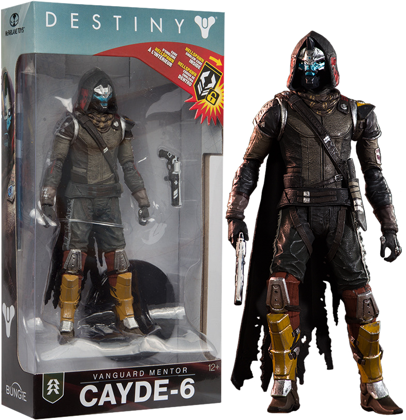 Destiny 2 Cayde-6 行動人偶 壁紙 — 一個詳細的Destiny Cayde-6可動人偶站在其包裝旁邊，展示他的裝甲服和發光的藍色面罩。