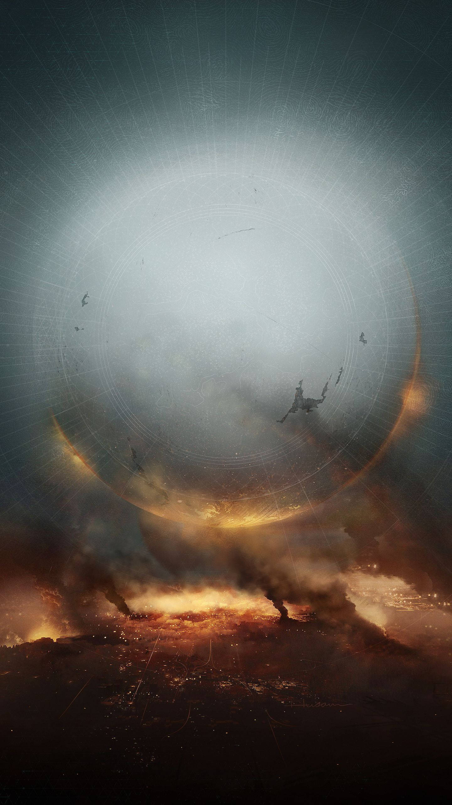 與朋友一同探索《Destiny 2》移動版世界 壁紙 — 一艘孤獨的太空船飛過一個發光的宇宙環，下方是一個有火山爆發和發光城市的熾熱行星。