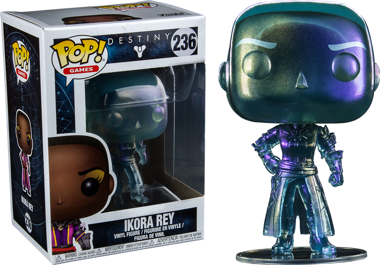 《Destiny 2》伊可拉·雷 Funko Pop 壁紙 — 一個來自Destiny的Ikora Rey全息Funko Pop!乙烯基人偶，站在其密封盒旁邊，背景為黑色。