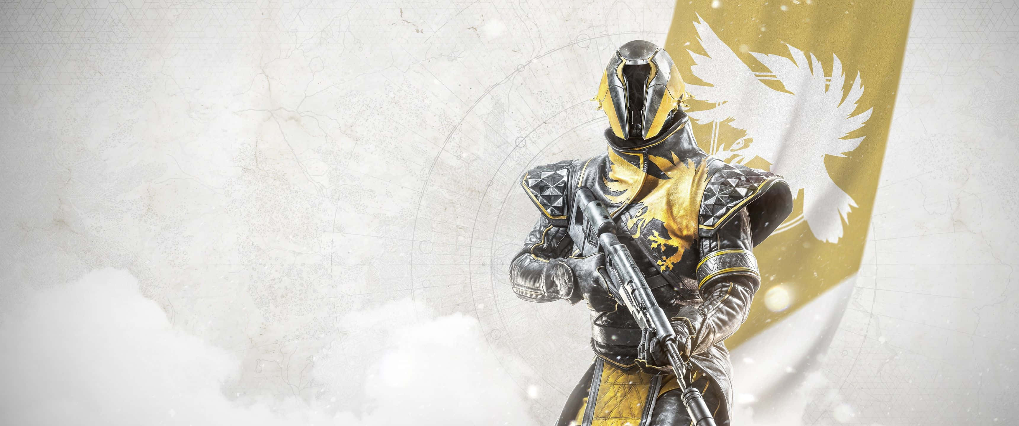 加入《Destiny 2》的戰鬥 壁紙 — 一名身穿金銀鎧甲的騎士，在雲霧背景中手持步槍，身後有一面帶有白鷹圖案的金色旗幟。