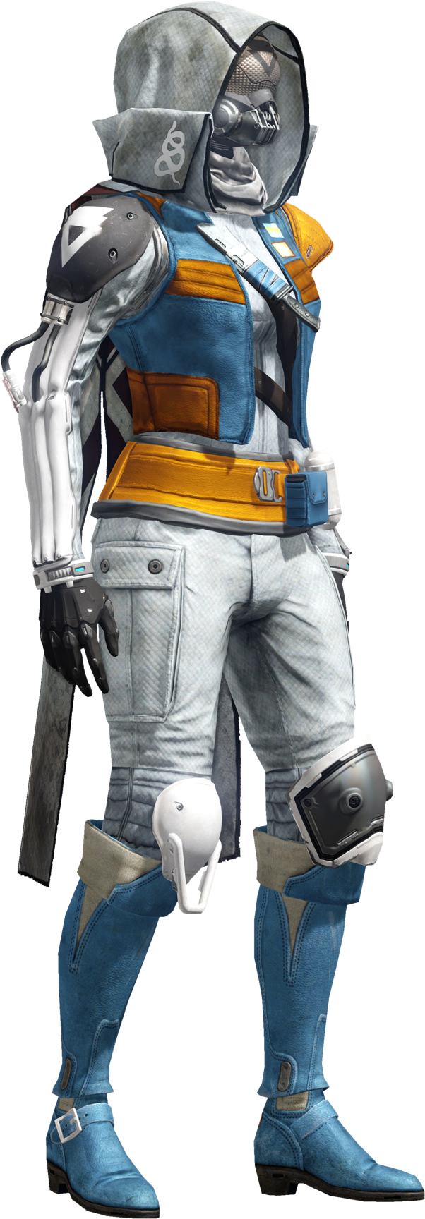 《Destiny 2》獵人角色 壁紙 — 一名身穿藍色、橙色和灰色裝備的未來裝甲戰士，戴著骷髏面具和賽博強化裝置，蓄勢待發。