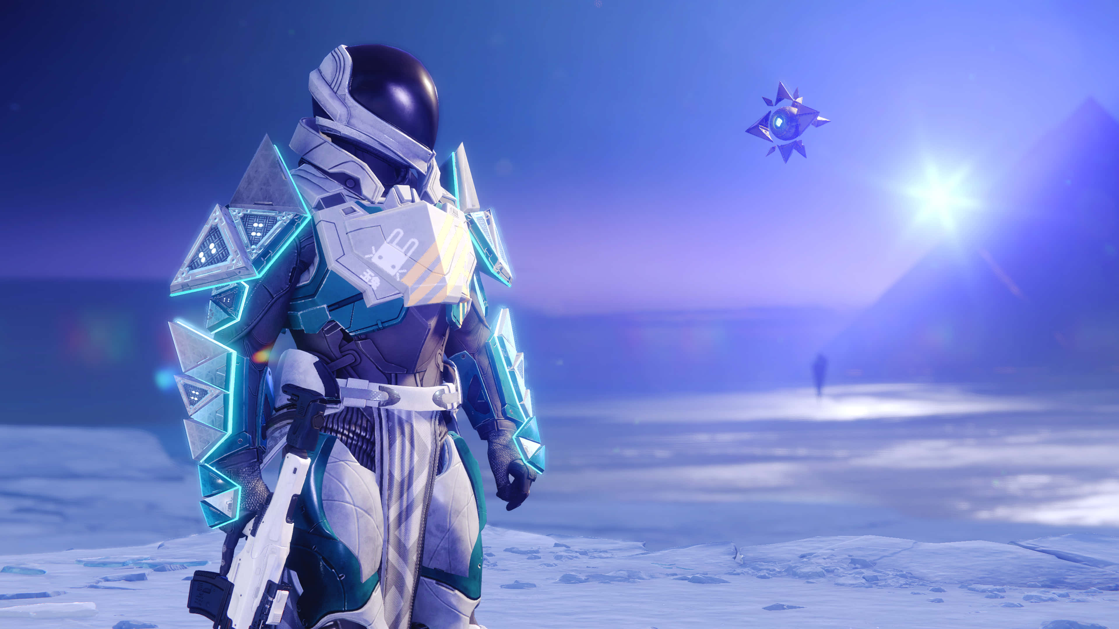 《Destiny 2》泰坦戰士，準備迎接所有挑戰 壁紙 — 一個身穿發光藍色盔甲的未来太空人站在一個被雪覆蓋的外星行星上，頭頂有一顆明亮的星星，附近有一艘漂浮的星艦。