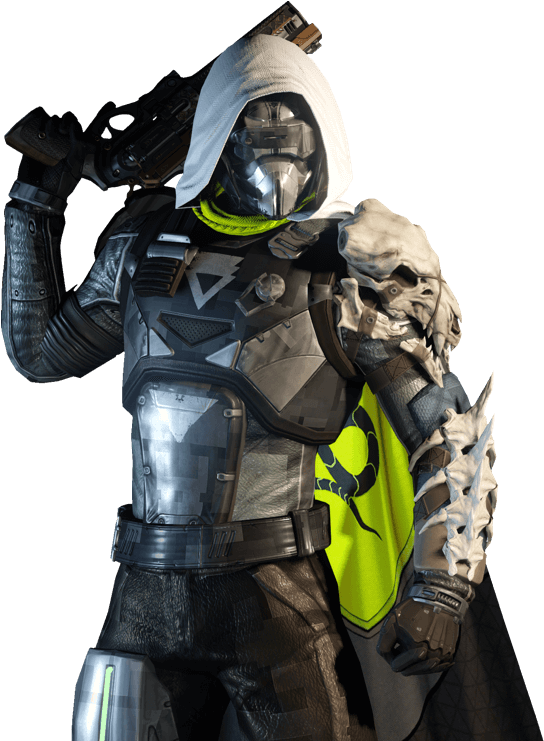 《Destiny 2》護衛裝甲角色 壁紙 — 一個未來戰士身穿深色盔甲，戴著白色頭罩，帶有發光的霓虹綠色點綴，在黑色背景前手持武器。