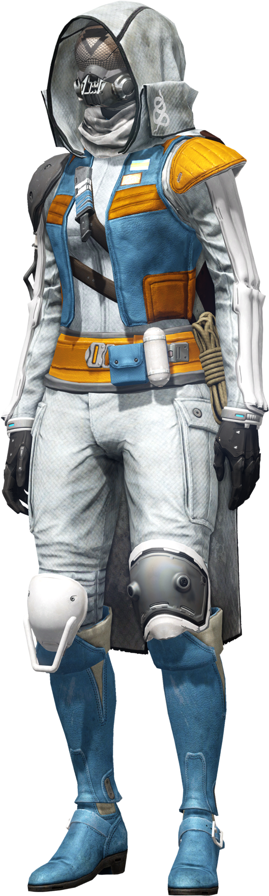 《Destiny 2》護衛裝甲角色 壁紙 — 一名未來戰士身穿白色、藍色和橙色的詳細盔甲，配備頭盔和護膝，準備就緒。