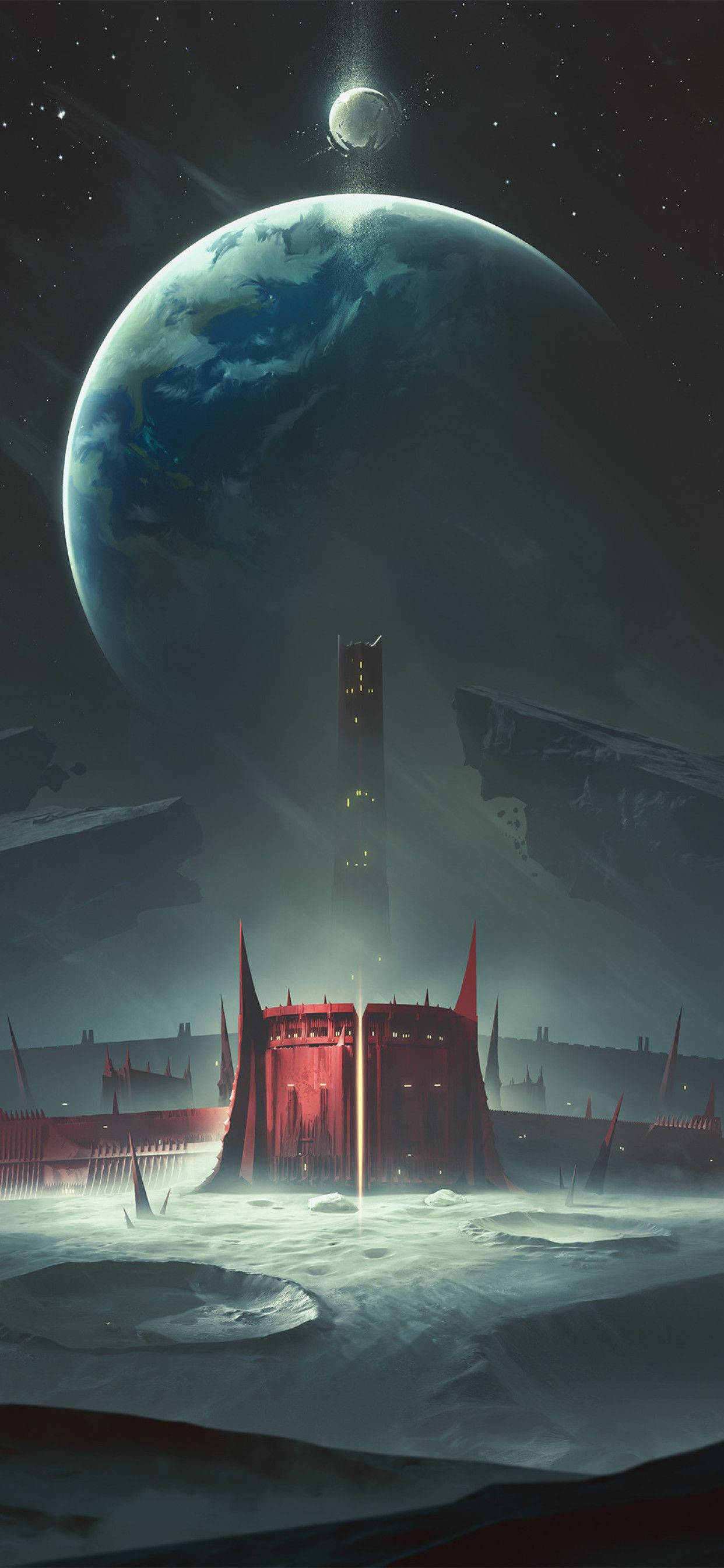 Destiny 2 iPhone 月球要塞 壁紙 — 一座高聳的紅色堡壘矗立在白雪覆蓋的外星平原上，下方是巨大的藍色行星和發光的月亮。