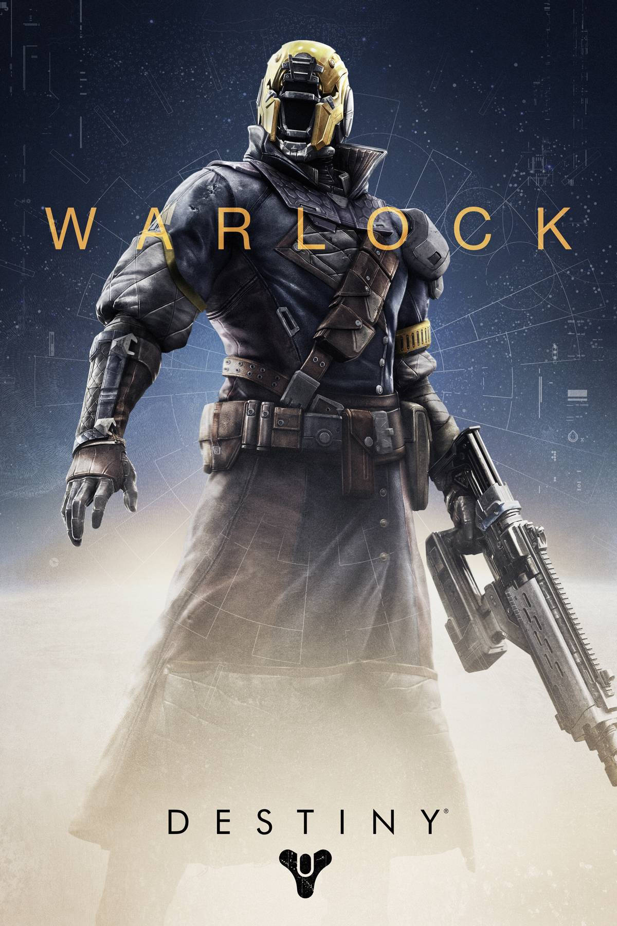 Destiny 2 iPhone 炎魔戰士海報 壁紙 — 一個未來風格的術士，身穿暗色盔甲和金色頭盔，在星光數碼背景前威嚴地站立，手持重型武器。