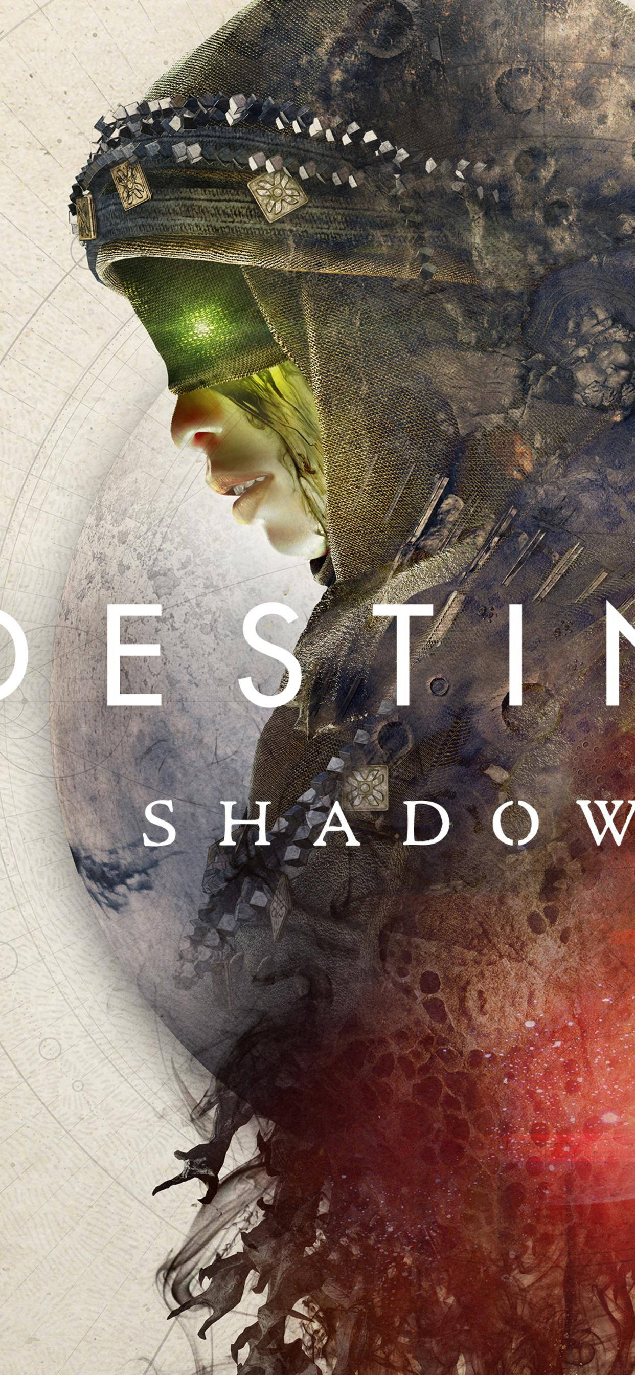 《Destiny 2》iPhone 壁紙：暗影之堡 壁紙 — 一個戴著兜帽的身影，擁有發光的綠色眼睛和精緻的盔甲，站在宇宙背景下，背景是旋轉的紅色和灰色星雲。