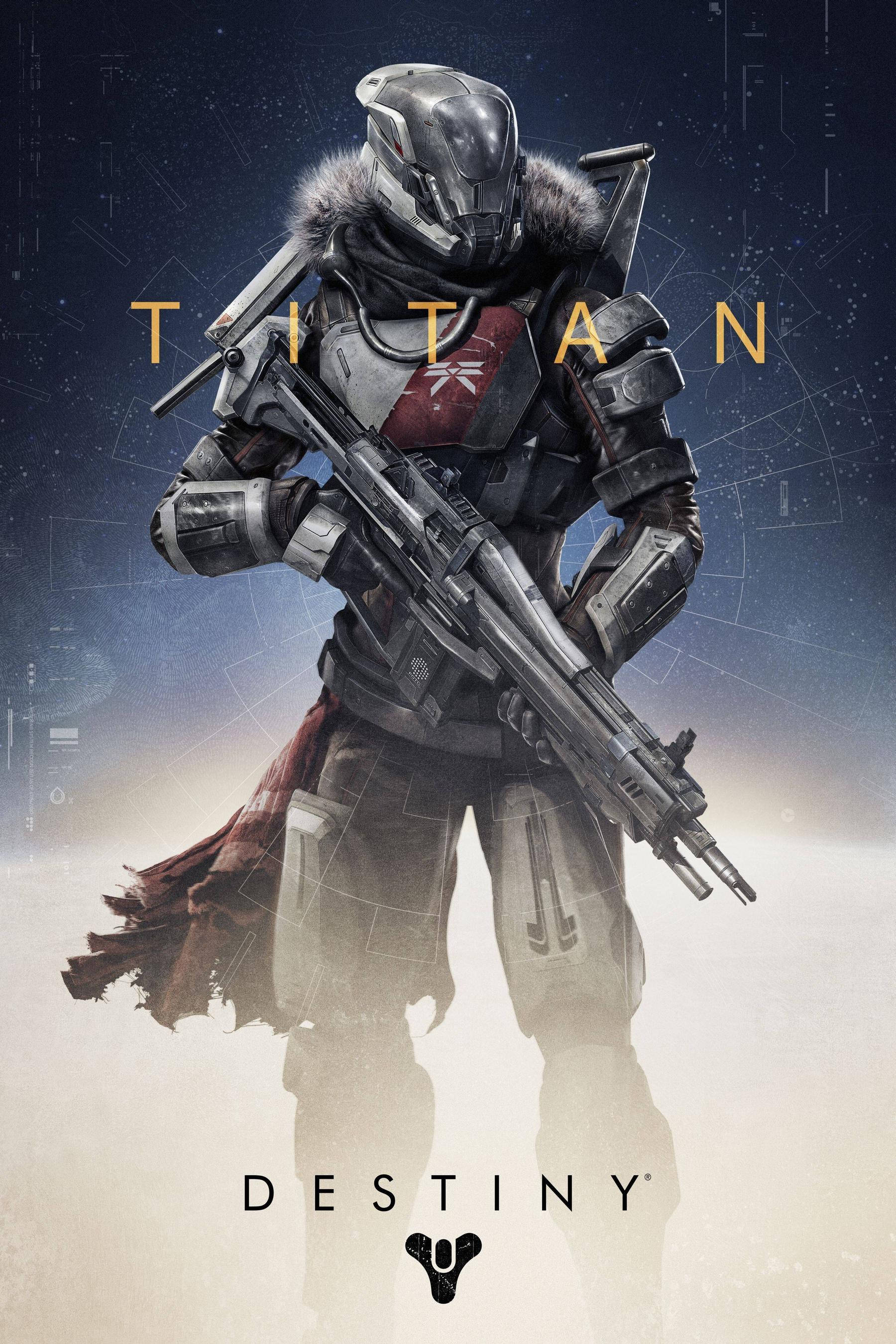 Destiny 2 iPhone 鑄甲戰士行動 壁紙 — 來自Destiny的重裝泰坦戰士，在宇宙迷霧中手持巨型武器，背景是星光閃爍的數位場景。