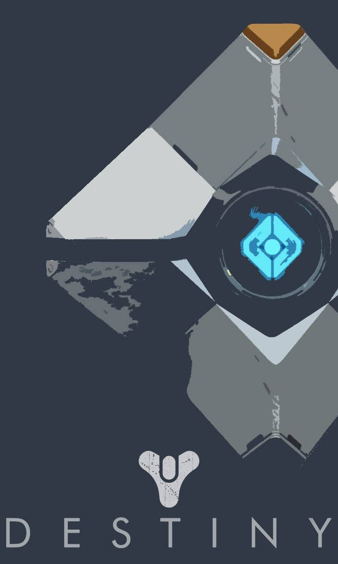 Destiny 2 iPhone 幽靈圖標 壁紙 — 一艘風格化的幾何太空船，帶有發光的藍色核心，背景為深灰色，並帶有 Destiny 標誌。