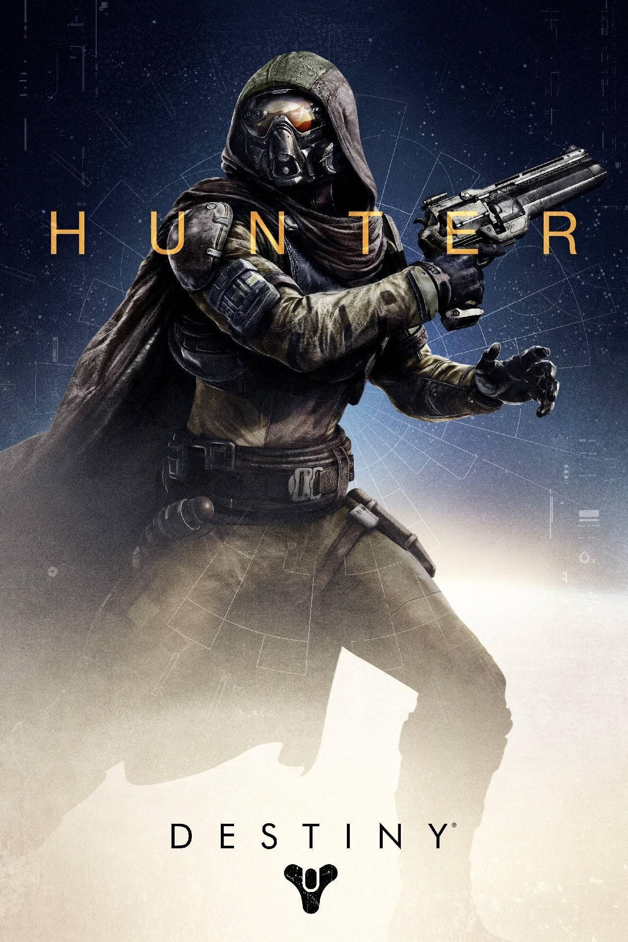 Destiny 2 iPhone 獵人守護者 壁紙 — 一名戴著兜帽的獵人身穿未來裝甲，在星光宇宙背景下瞄準一把左輪手槍，眼睛發出橙色光芒。